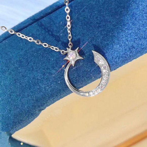 Jewelry - Crystal Shiny Micro Pave Moon Star Silver Trendy Necklace for Women, INDN8646